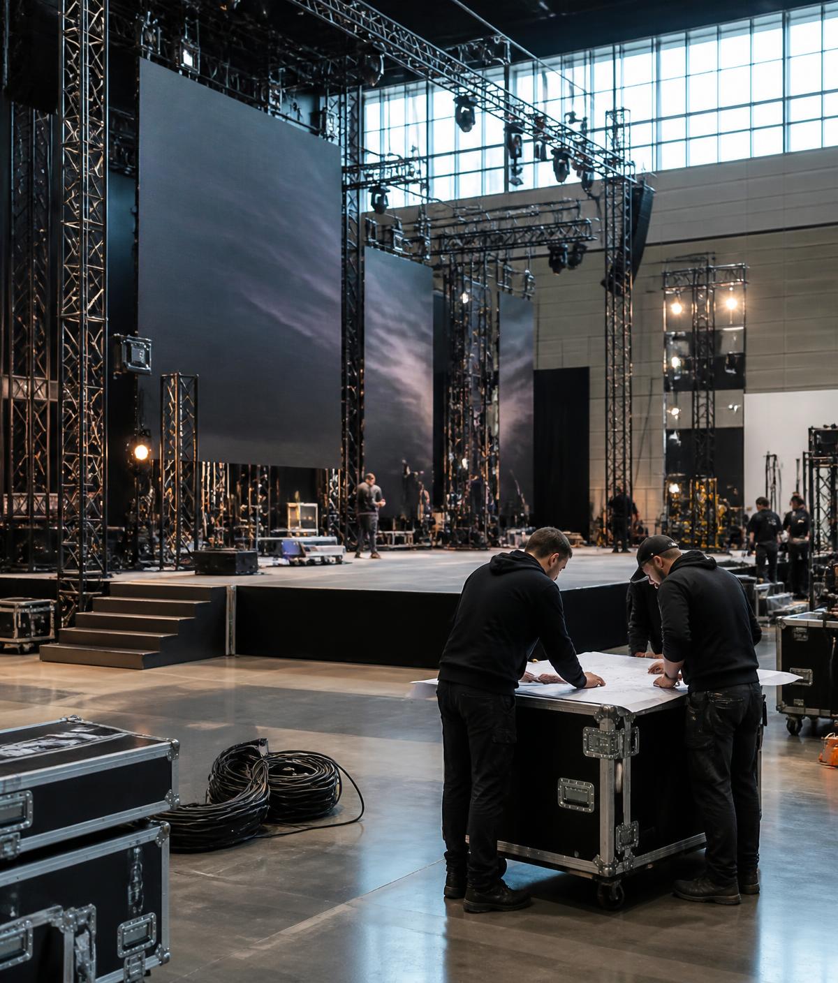Production crew reviewing a technical drawing during a stage and LED build inside a venue